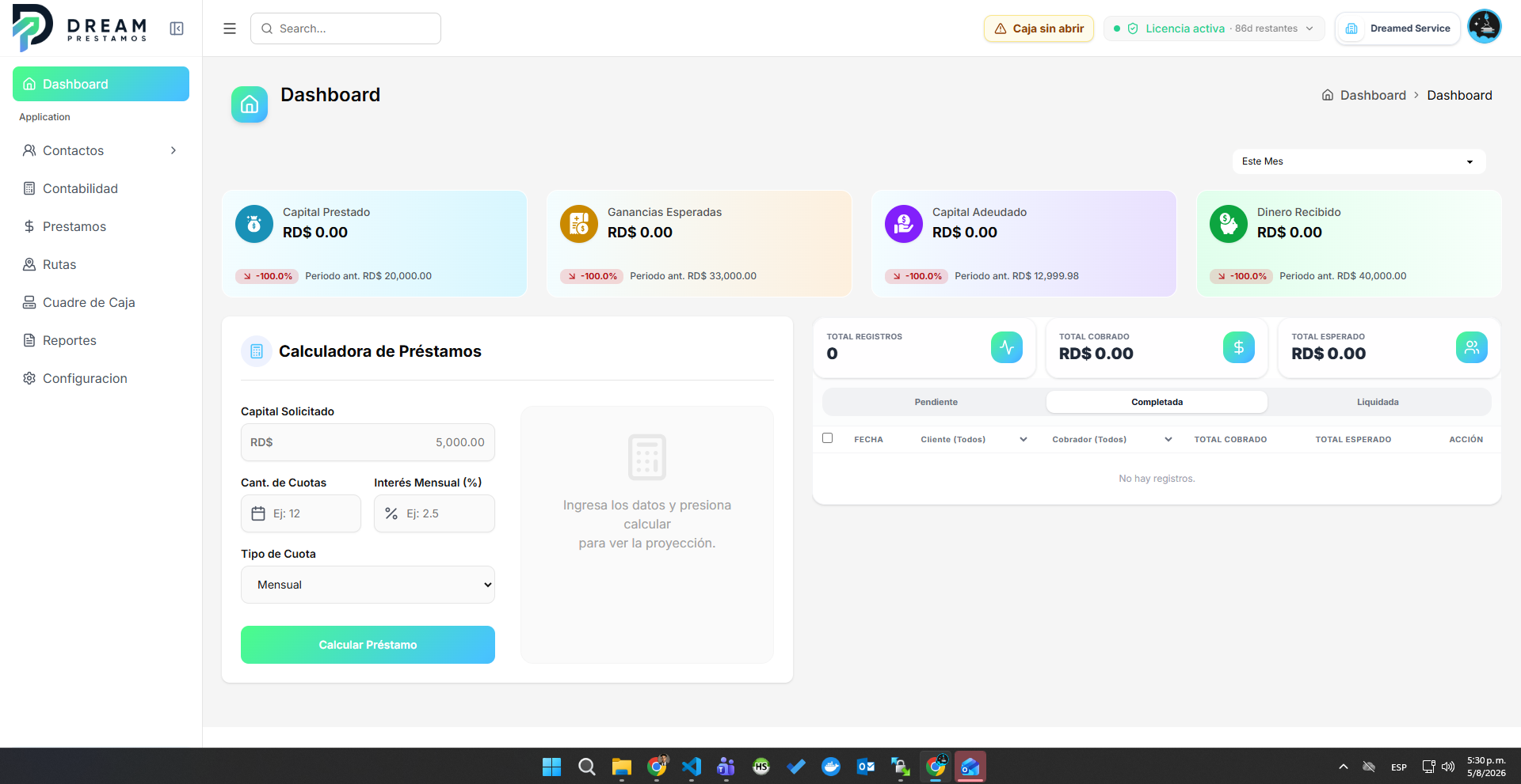 Dashboard real de Dream Préstamos con indicadores financieros y calculadora de préstamos